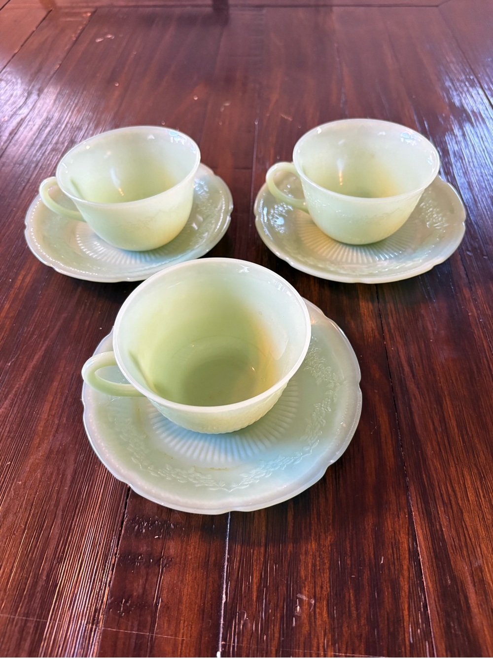 Classic Jadeite Tea Cup and Saucer Set - 3 Pc